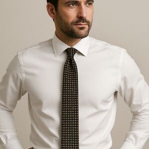 LANDS' END Navy Pewter Red Silk Necktie Square Dot Pattern